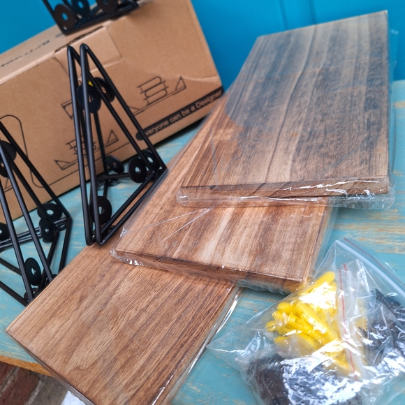 NEW Display Shelves Floating Wall Shelving w Metal Brackets Natural Wood Color - Picture 4 of 17